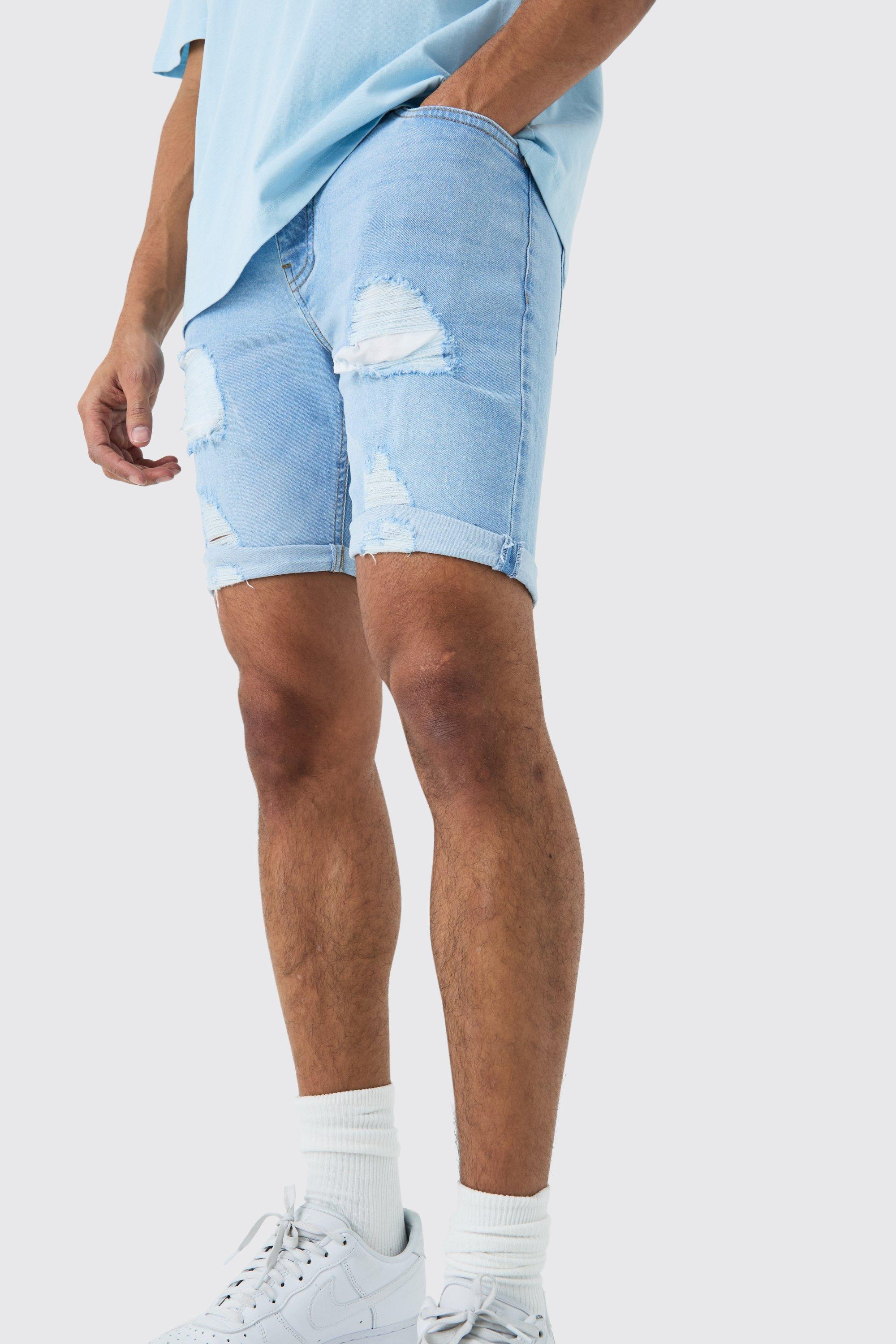 Mens Skinny Stretch Distressed Denim Shorts In Light Blue, Blue